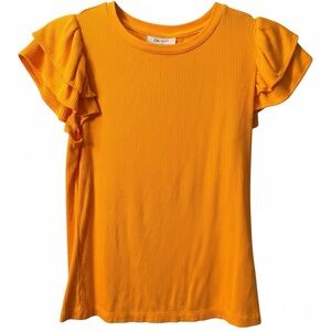On 34th Ribbed Ruffle Sleeve Top Small Mustard Flutter Sleeve Shirt NWOT